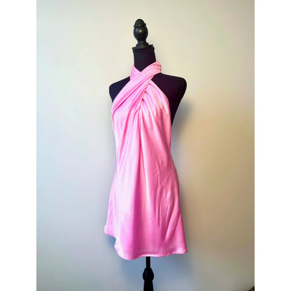 Show Me Your Mumu Jasmine Halter Mini Dress Pink Luxe Satin Medium Halter Lined