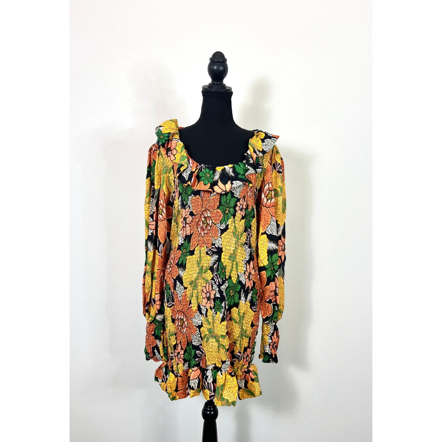 FARM Rio Black Garden Lenzing Dress in Yellow Floral Print Size XL Midi Summer