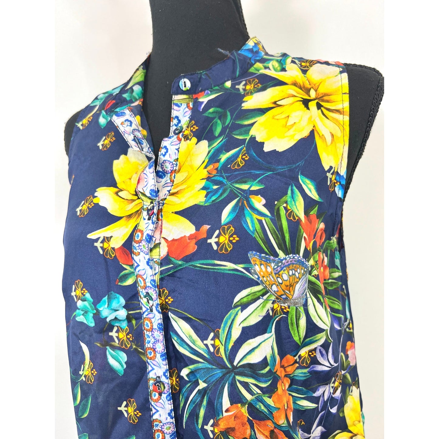 Johnny Was Mini Dress Size XS Floral Butterfly Button Front Silk Boho Summer