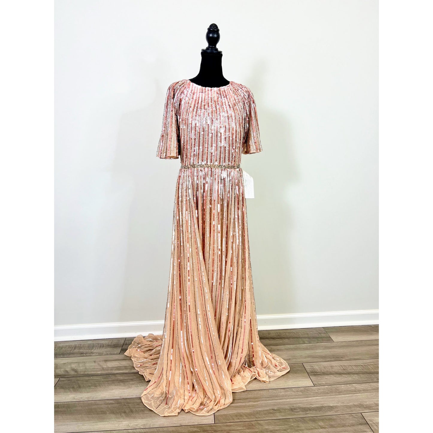 Mac Duggal Sequined Maxi Dress Ombre Rose Size 10 Short Sleeve Embellished Party