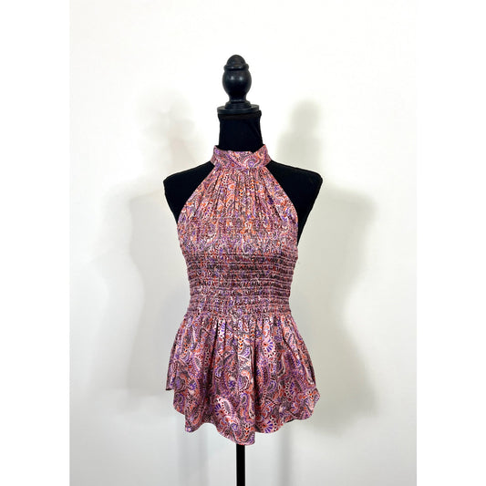 Cinq a Sept Paisley Cutout Silk Halter Tie Tank Sleeveless Medium Floral Paisley