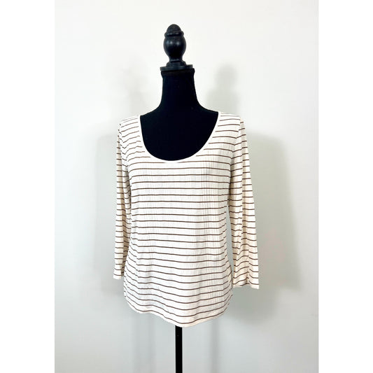 Vince Pullover Top in Cream and Brown Striped Size XL Long Sleeve Ribbed Knit