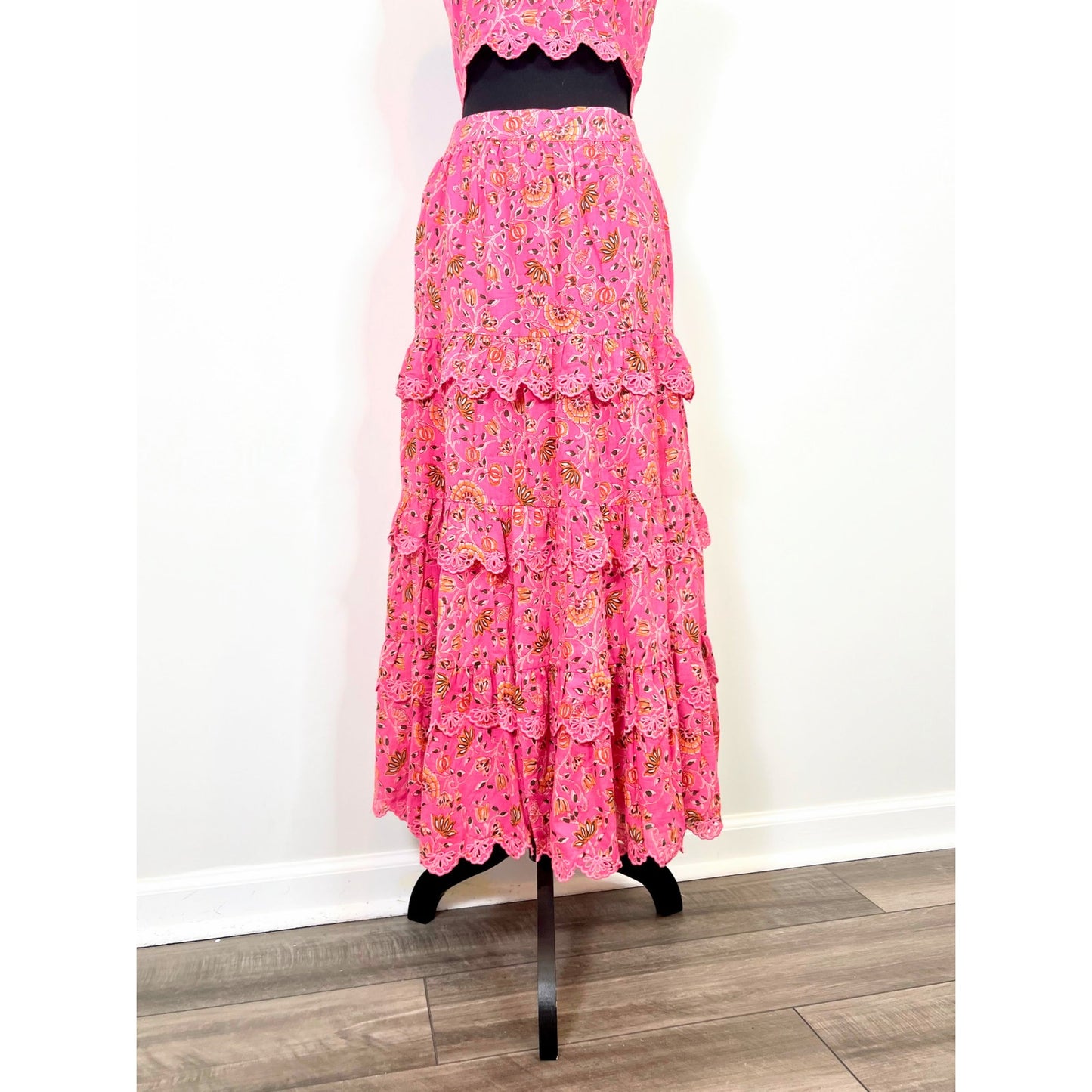 Caroline Constas 2 Piece Spaghetti Crop Top Maxi Skirt Set in Pink Multi Small