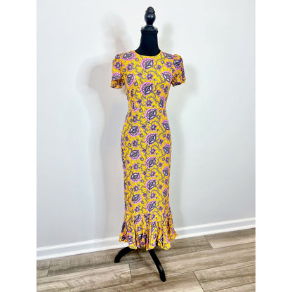 Rhode Lulani Midi Dress in Gold Lotus Printed Size 0 Floral Fluted Hem Lined