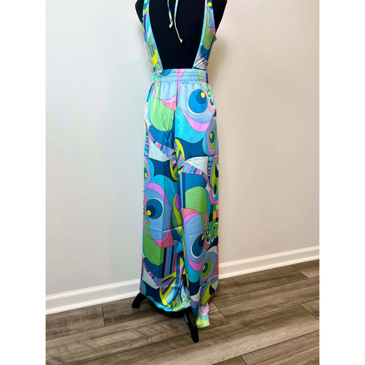 Show Me Your Mumu Irwin Pants Go Go Luxe Satin Large Geometric Pull On Wide Leg