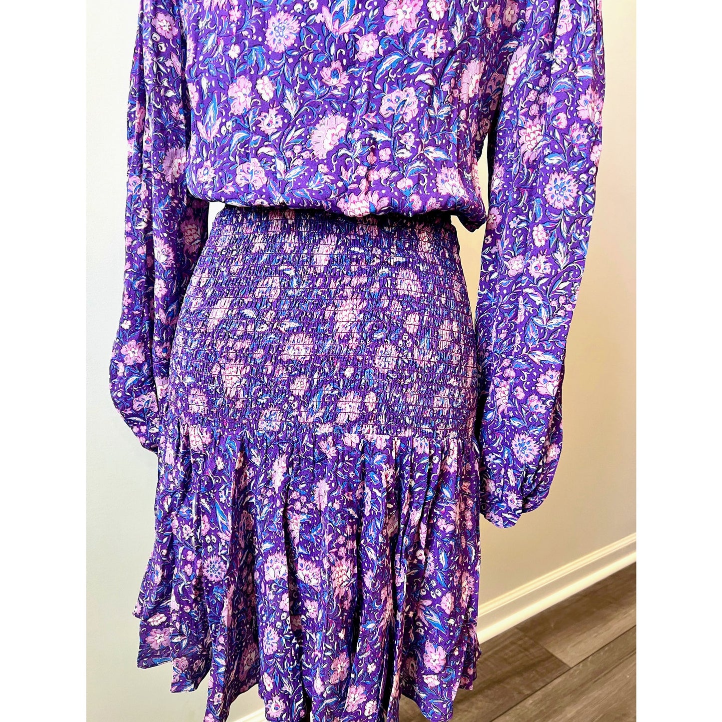 Maje Roleta Floral Cutout Dress Purple Size 36 Long Sleeve Ruched Ruffle Lined