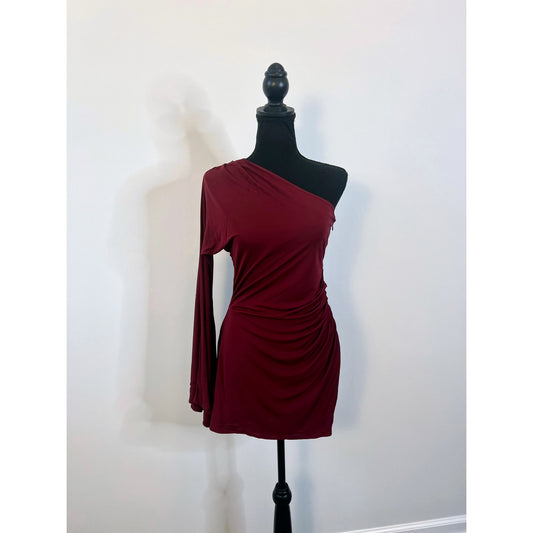 Cult Gaia Amani Mini Dress in Burgundy Small Ruched One Shoulder Side Zip Party