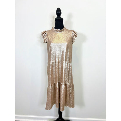 Sea New York Sequins Knee-Length Dress in Champagne Size 8 Mock Neck Cap Sleeve