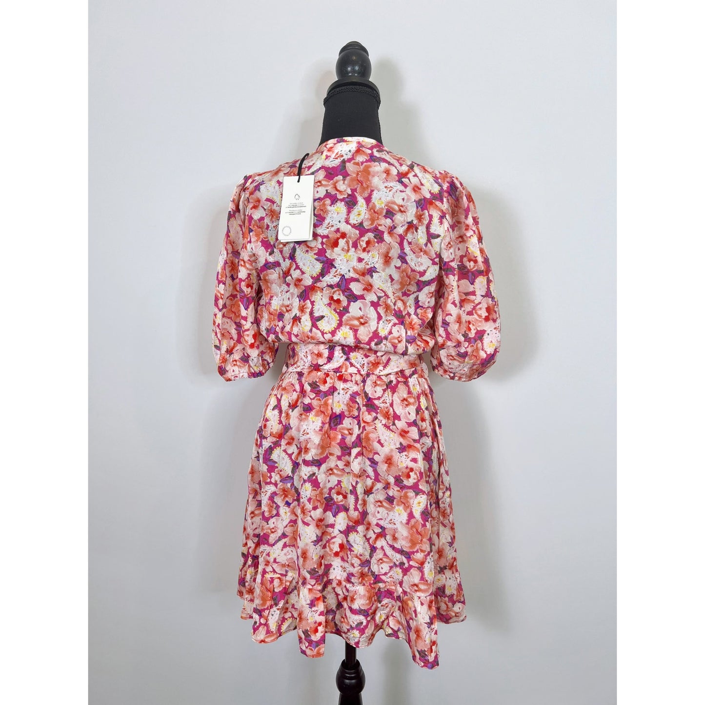 BA&SH Diamond Belted Floral Mini Dress in Fuchsia Pink Medium Button Front