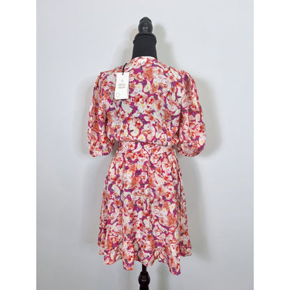 BA&SH Diamond Belted Floral Mini Dress in Fuchsia Pink Medium Button Front