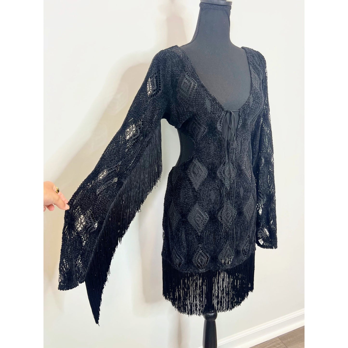 For Love & Lemons Aubrey Mini Dress in Black Large Fringe Velvet Lined Eyelet