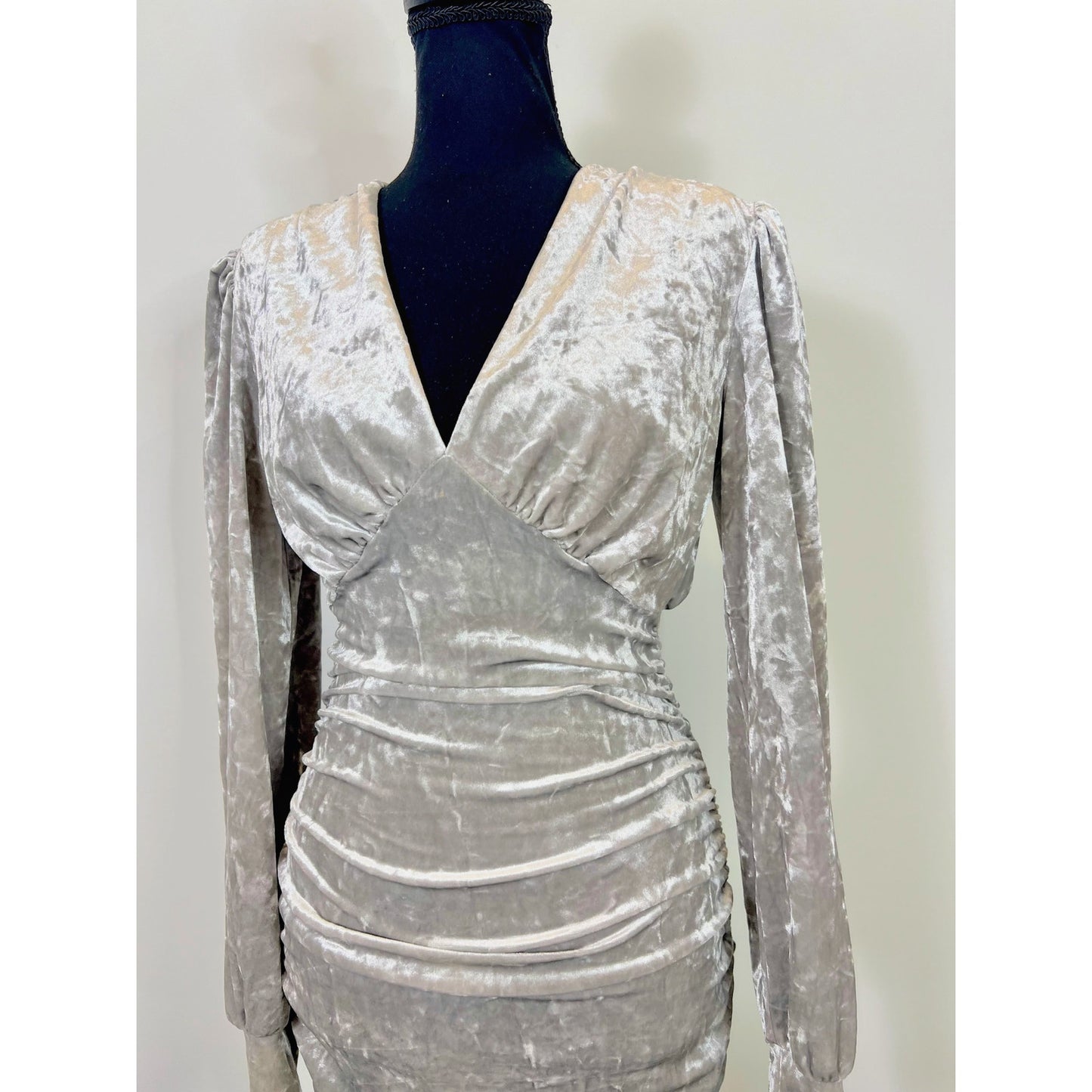 Steve Madden Kali Mini Dress in Silver Small Velvet Long Sleeve Ruched Lined