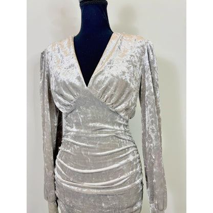 Steve Madden Kali Mini Dress in Silver Small Velvet Long Sleeve Ruched Lined