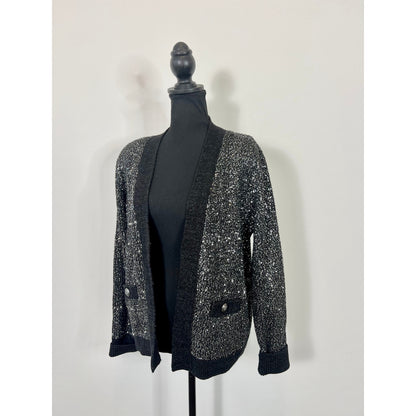 L'Agence Jinny Sequin Cardigan Black/Charcoal Large Metallic Embellshed Party