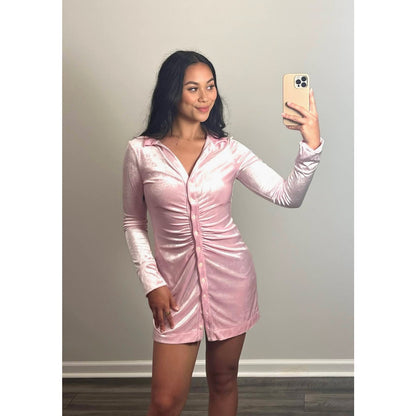 Free People Shayla Velvet Ruched Button Mini Dress in Pink Small Long Sleeve