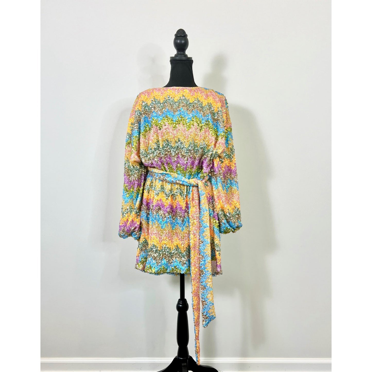 Show Me Your Mumu Sure Thing Mini Dress Wavy Sequins Sz XL Long Sleeve Colorful