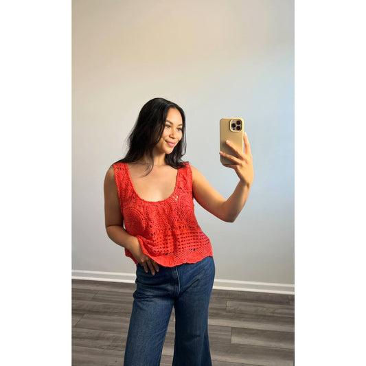 Free People Jen's Pirate Booty Lace Top in Red Coral Medium Sleeveless Crochet