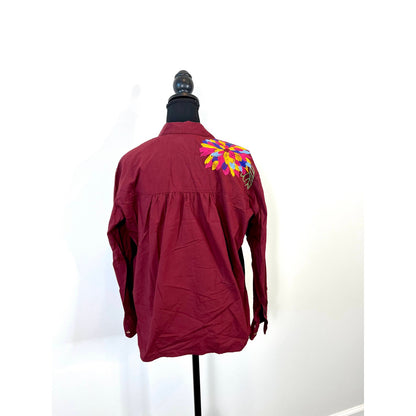 Anthropologie Maeve Embroidered Button Down Shirt in Burgundy Size 4 Long Sleeve