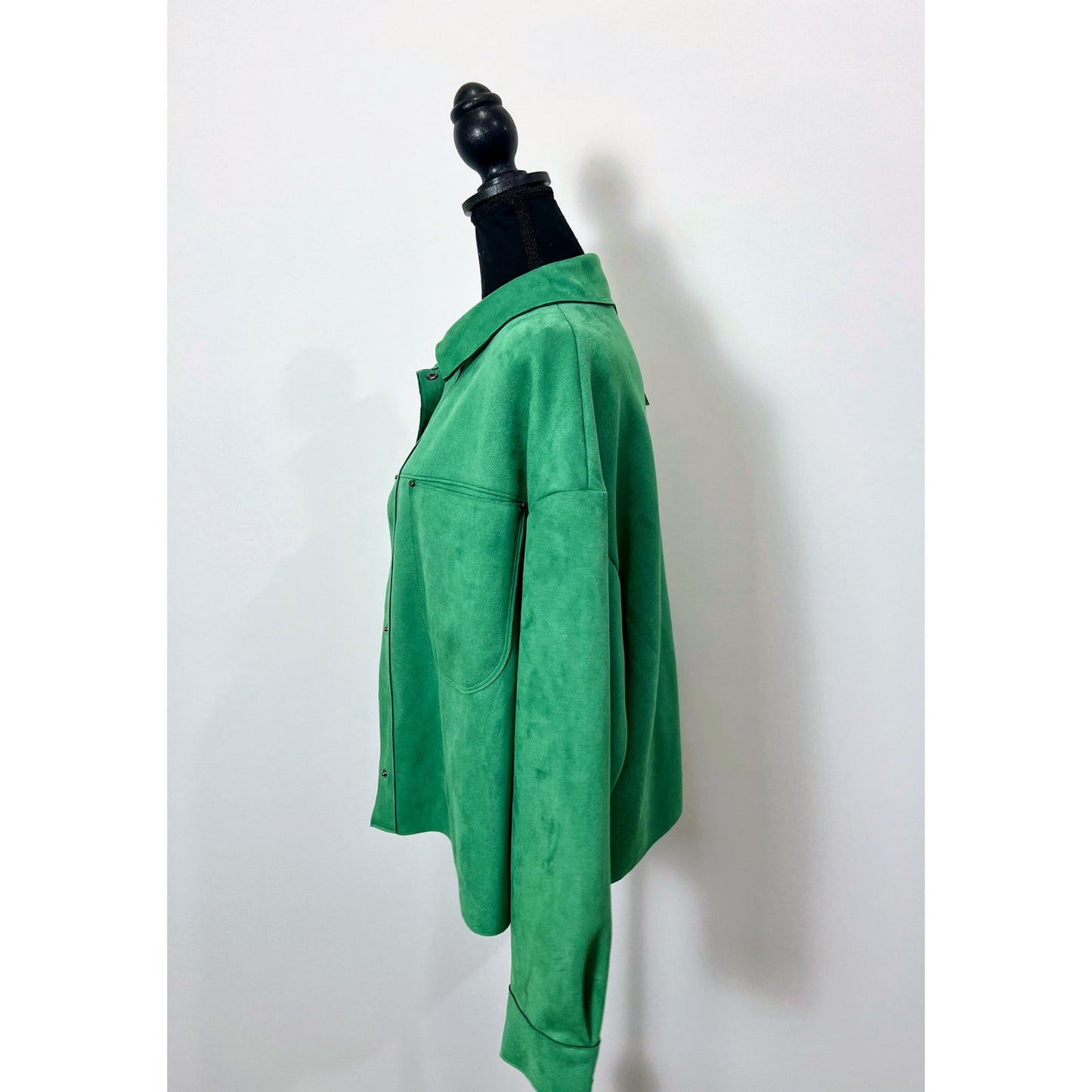 Zara Faux Suede Jacket in Green Large Long Sleeve Snap Pocket Front Warmer