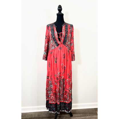 Free People If You Only Knew Maxi Dress in Red Combo Small Floral Long Sleeve