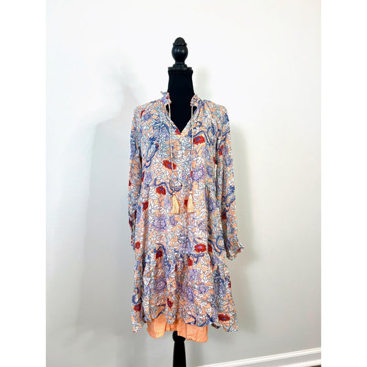 Roberta Roller Rabbit Double Lined Mini Dress in Peach & Blue XS Floral Print