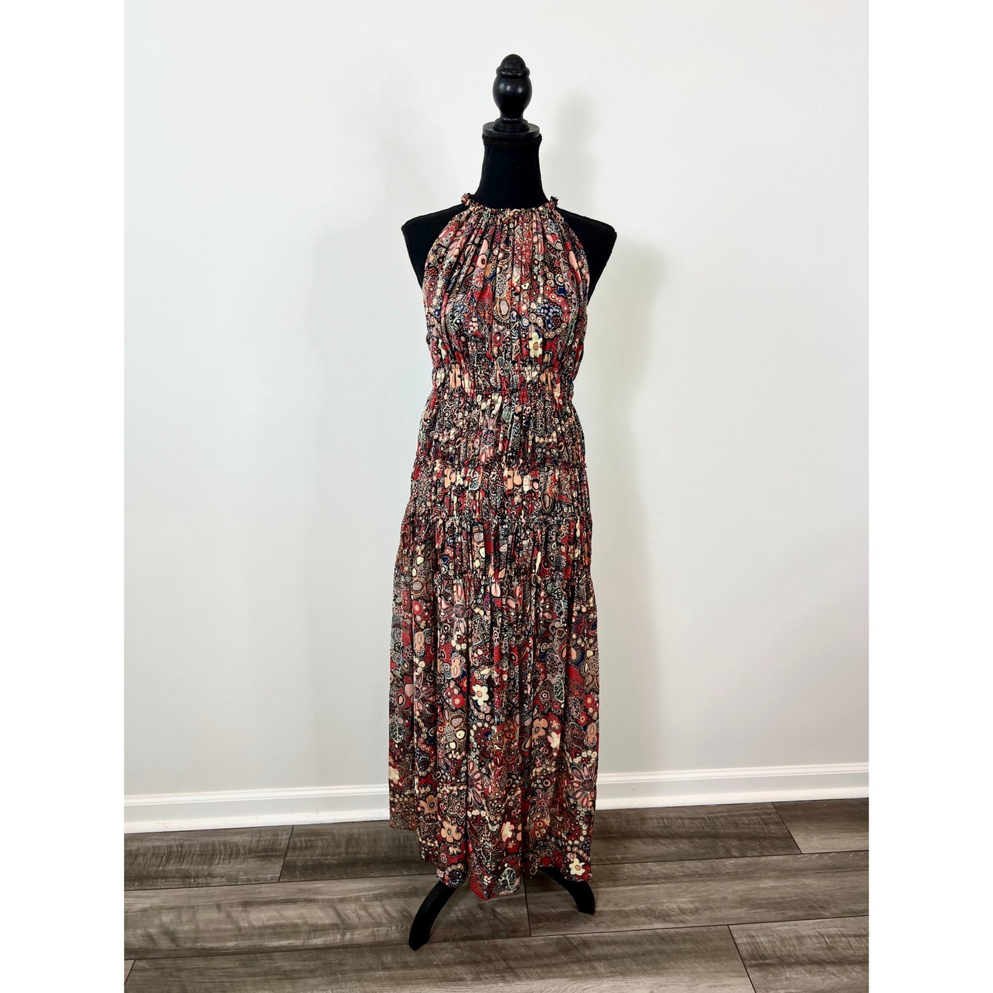 A.L.C. Laura Halter Tiered Printed Maxi Dress One Size Sleeveless Colorful