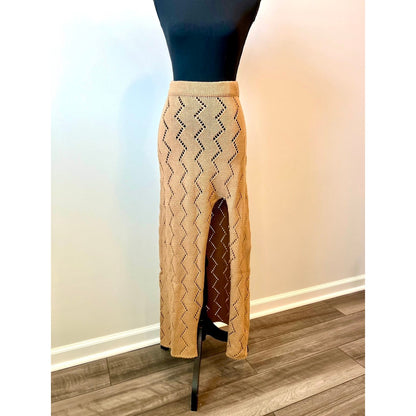 Savannah Morrow Lauryn Skirt in Almond Small Knit Pull On Midi High Slit Beach