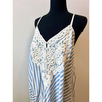 Free People Gracelynn Maxi Dress in Blue White Striped Small Embroidered V-Neck