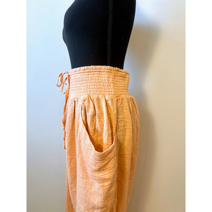 Free People Wide-Leg Pants Peach Medium Pull On Drawstring Elastic Waist Pockets