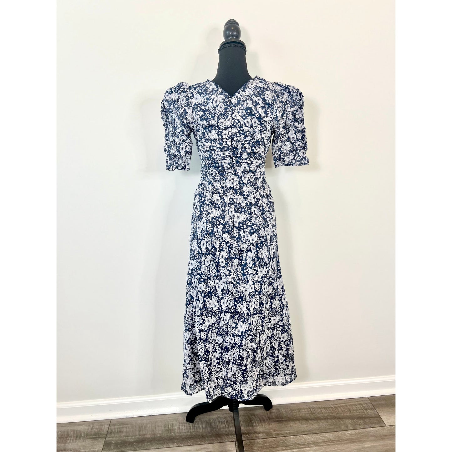 SEA Suzie Womens Floral Print Dress in Navy Blue Size XS Short Sleeve Cotton