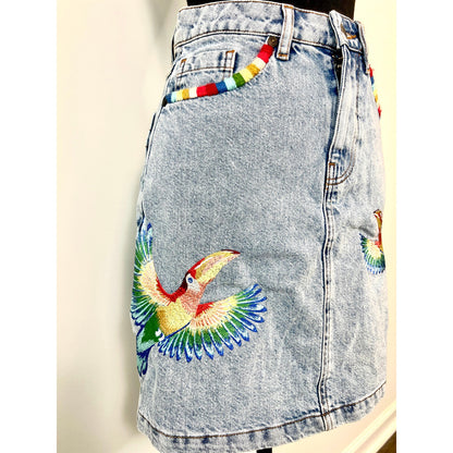 Anthropologie FARM Rio Embroidered Denim Mini Skirt in Blue Size XS Zip Fly