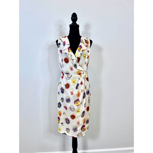 Valentino Vintage Wrap Dress in White Multi Size 10 Floral Sleeveless Belted