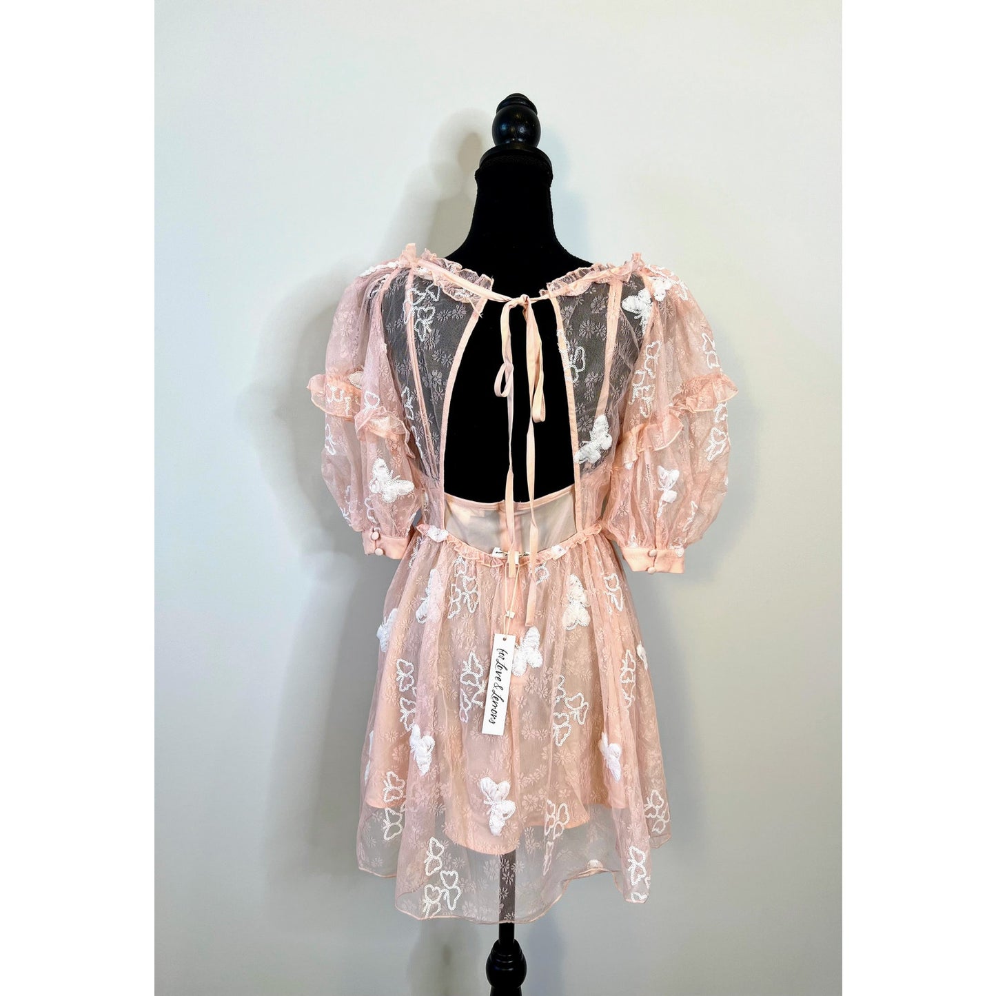 For Love & Lemons Shari Mini Dress in Blush Medium Half Sleeve Lace Sequins