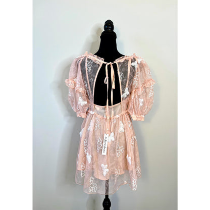 For Love & Lemons Shari Mini Dress in Blush Medium Half Sleeve Lace Sequins