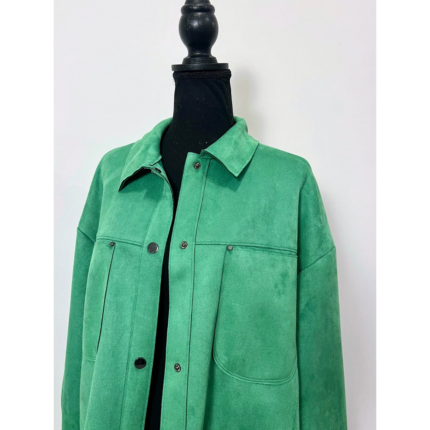 Zara Faux Suede Jacket in Green Large Long Sleeve Snap Pocket Front Warmer