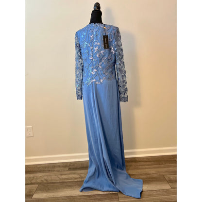 Tadashi Shoji Embroidered Sequin Lace Gown Maxi Dress in Cadet Blue Size 8 Lined