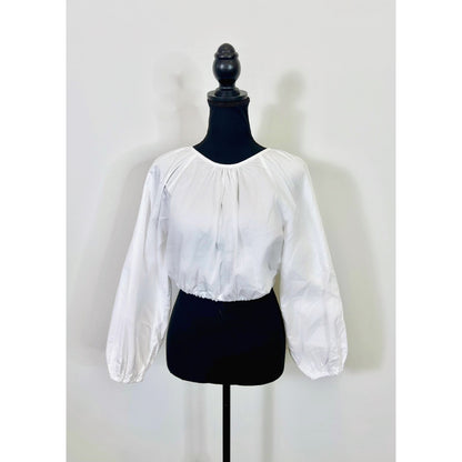 Sundry Crop Top in White Size 0 Pullover Long Puff Sleeve Keyhole Neck Back