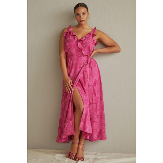 Anthropologie Hutch Ruffle Wrap Maxi Dress in Hot Pink Size 1X Floral Ruffled