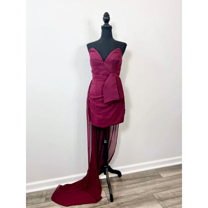 Katie May Ali Plunge Mini Dress in Sangria Medium Strapless Zip Back Boned Lined