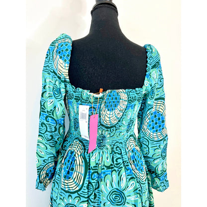 Rhode Phoenix Midi Dress in Aquatic Bloom Blue Size 4 Long Sleeve Cutout Lined