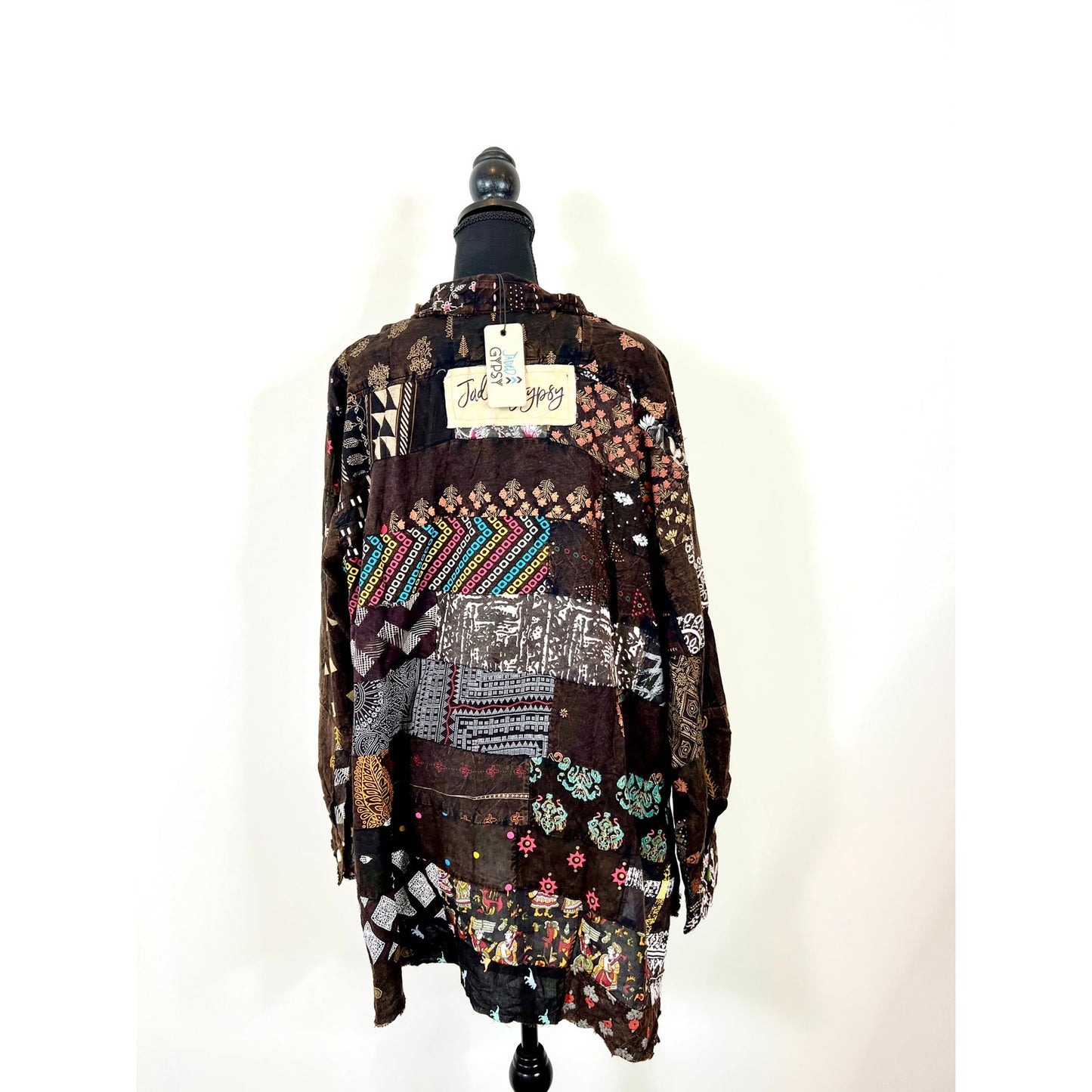 Jaded Gypsy Button Down Shirt in Brown One Shirt Patchwork Floral Long Sleeve