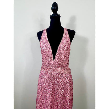 Mac Duggal Gown Maxi Dress in Pink Size 10 Strappy Beaded Column Sequin Cocktail