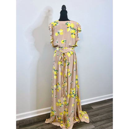 Majorelle Sweet Pea Maxi Dress in Tan Lemon Size XL Cap Sleeve V-Neck Lined