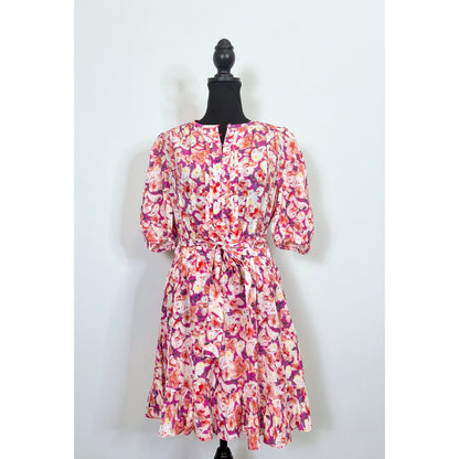 BA&SH Diamond Belted Floral Mini Dress in Fuchsia Pink Medium Button Front