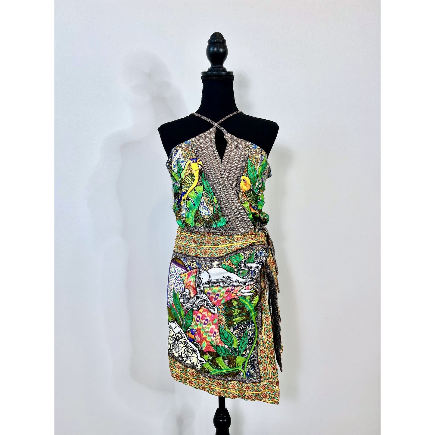 FARM Rio Gavatari Mini Dress in Green Multi Small Graphic Print V-Neck Side Zip