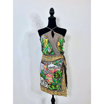 FARM Rio Gavatari Mini Dress in Green Multi Small Graphic Print V-Neck Side Zip