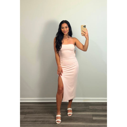 Katie May LA Grace Midi Dress in Blush Medium Strapless Side Slit Cutout Lined