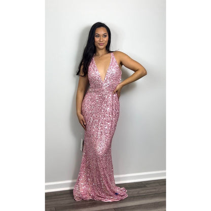 Mac Duggal Gown Maxi Dress in Pink Size 10 Strappy Beaded Column Sequin Cocktail