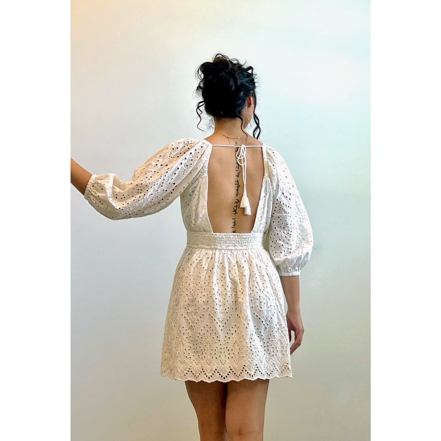 CleoBella Aria Mini Dress White Small Long Sleeve Embroidered Eyelet Tasseled