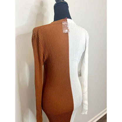 STAUD Shoko Sweater Dress Tan/White Size XL Knit Ribbed Button Front Long Sleeve